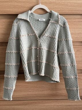 Sandro Pale Sage Knit Button-Front Cardigan with Cream Trim | L